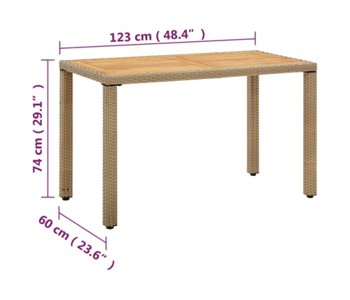 Mesa de jardín ratán sintético madera acacia beige 123x60x74cm