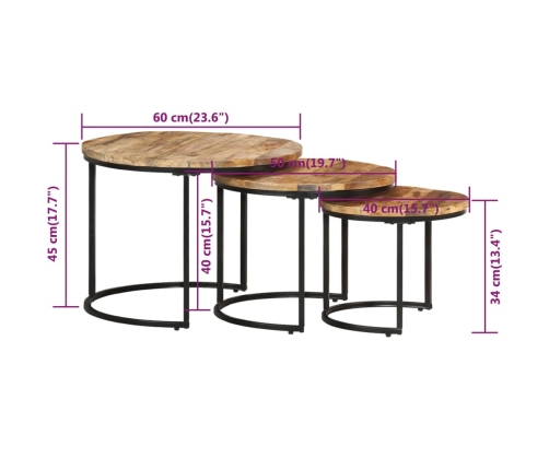 vidaXL Mesas apilables 3 unidades madera rugosa de mango