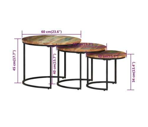 vidaXL Mesas apilables 3 unidades mesa maciza reciclada