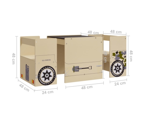 Mesa y sillas infantiles 3 pzas diseño coche todoterreno MDF