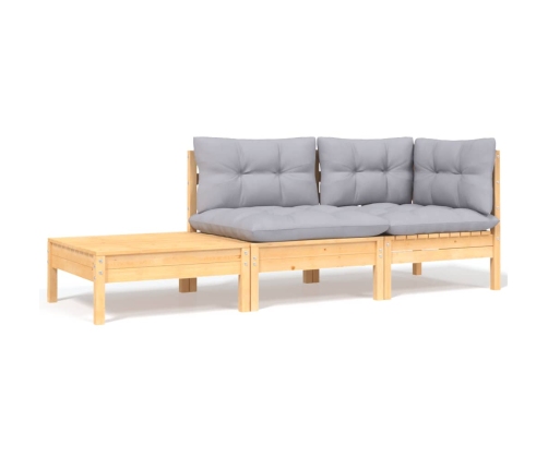 Juego muebles jardín 3 pzas con cojines gris madera pino maciza