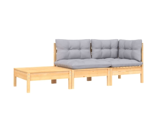 Juego muebles jardín 3 pzas con cojines gris madera pino maciza