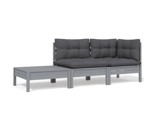 Juego muebles de jardín 3 pzas cojines gris madera pino maciza