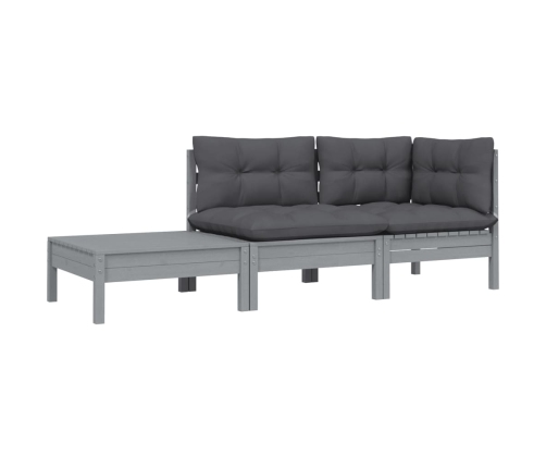 Juego muebles de jardín 3 pzas cojines gris madera pino maciza