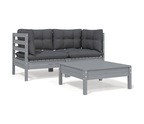 Juego muebles de jardín 3 pzas cojines gris madera pino maciza