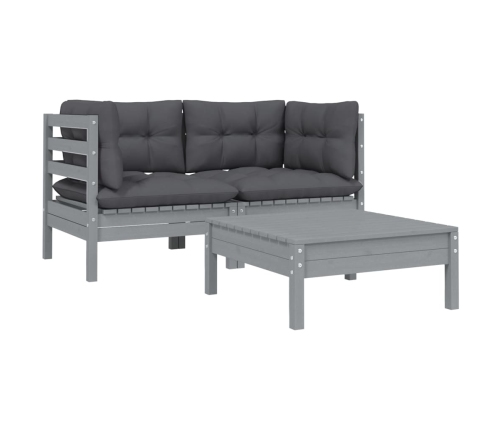 Juego muebles de jardín 3 pzas cojines gris madera pino maciza