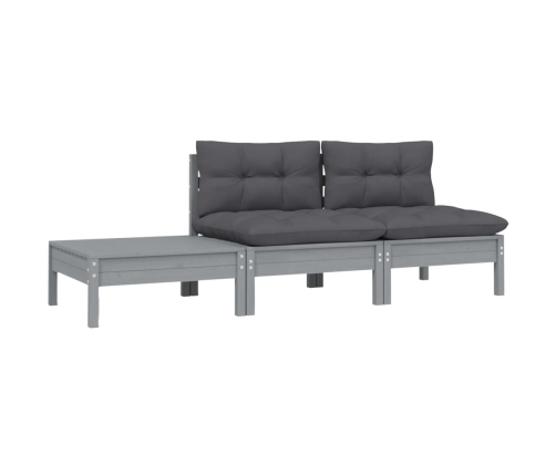 Juego muebles de jardín 3 pzas cojines gris madera pino maciza