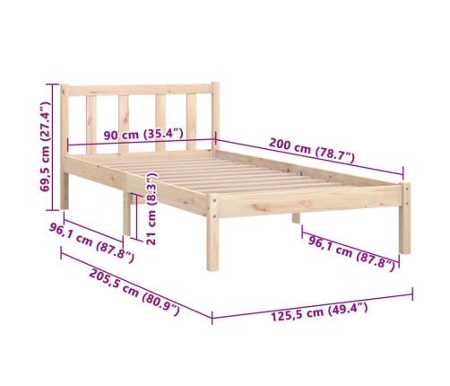 Estructura de cama sin colchón madera maciza 90x200 cm