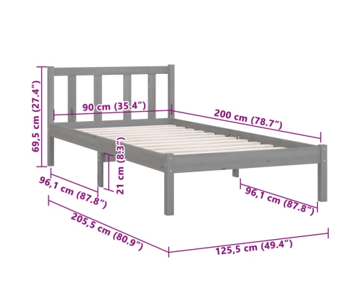 Estructura de cama de madera maciza de pino gris 90x200 cm