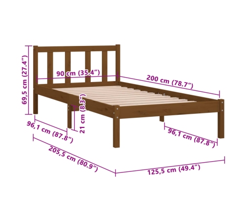 Estructura de cama madera maciza pino marrón miel 90x200 cm