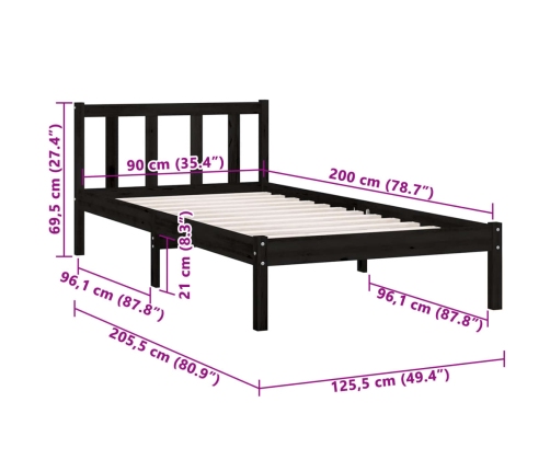 Estructura de cama sin colchón madera maciza negro 90x200 cm