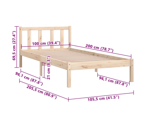 Estructura de cama sin colchón madera maciza 100x200 cm