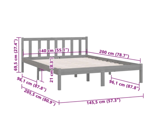 Estructura de cama de madera maciza de pino gris 140x200 cm