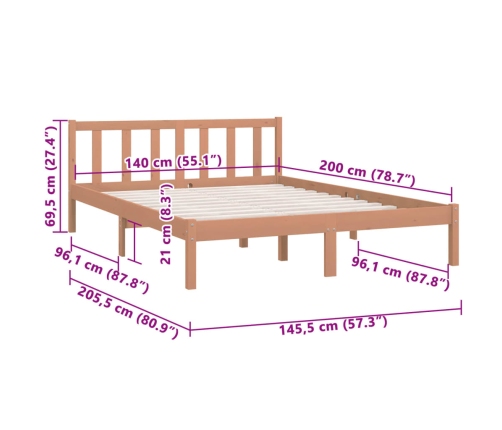 Estructura de cama madera maciza de pino marrón miel 140x200 cm