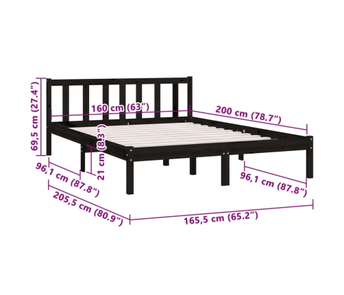 Estructura de cama de madera maciza de pino negra 160x200 cm