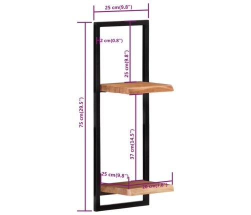 Estantes de pared 2 unidades madera maciza acacia 25x25x75 cm