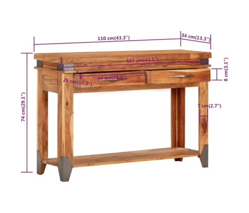 Mesa consola de madera maciza de acacia 110x34x74 cm