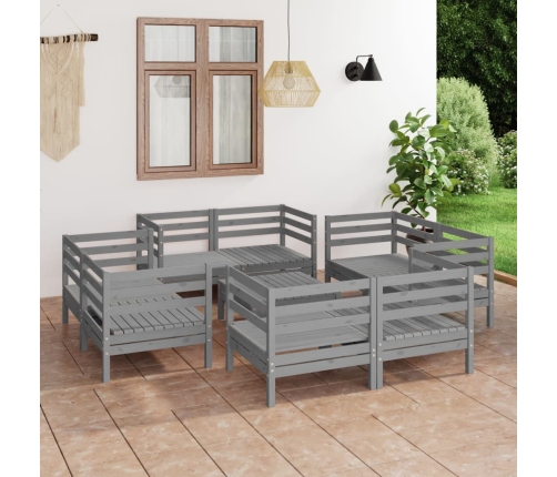 Juego de muebles de jardín 9 piezas madera maciza de pino gris