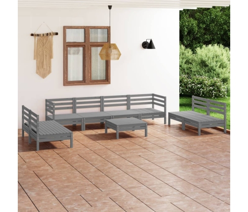 Juego de muebles de jardín 9 piezas madera maciza de pino gris