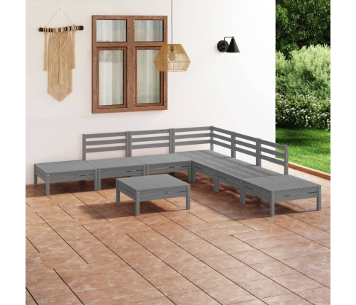 Juego de muebles de jardín 8 piezas madera maciza de pino gris