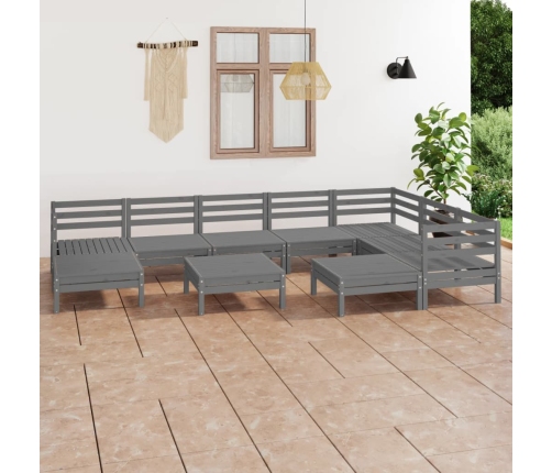 Juego de muebles de jardín 10 piezas madera maciza de pino gris