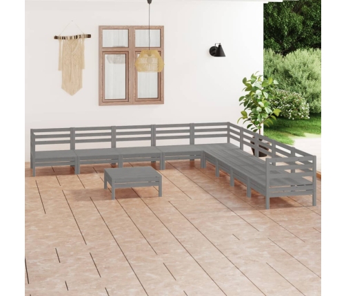Juego de muebles de jardín 10 piezas madera maciza de pino gris