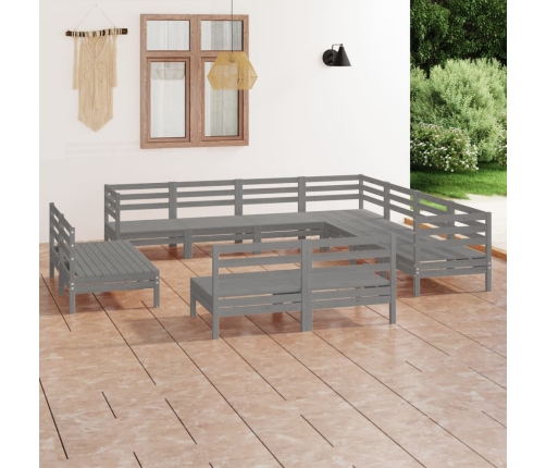 Juego de muebles de jardín 11 piezas madera maciza de pino gris