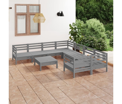 Juego de muebles de jardín 9 piezas madera maciza de pino gris