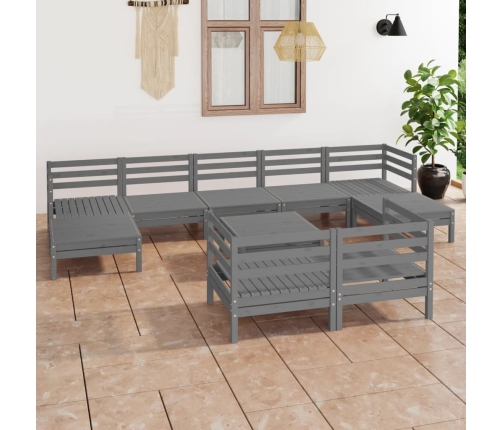 Juego de muebles de jardín 10 piezas madera maciza de pino gris