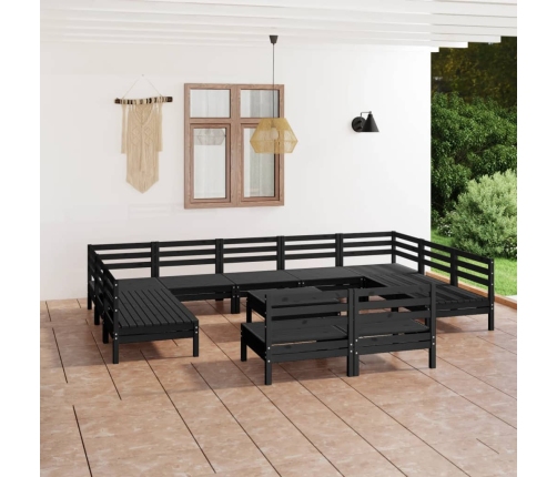 Juego de muebles de jardín 12 pzas madera maciza de pino negro