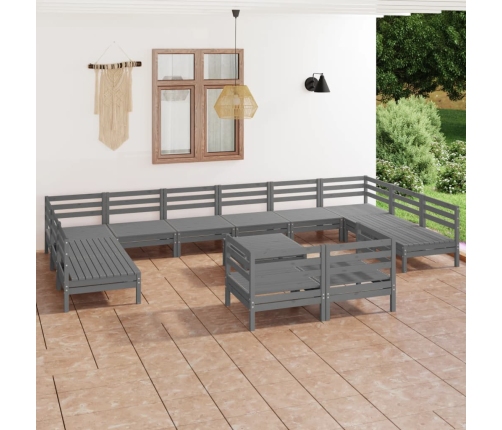Juego de muebles de jardín 13 piezas madera maciza de pino gris