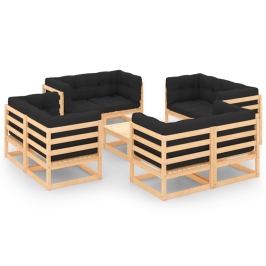 Juego de muebles de jardín 9 pzas y cojines madera maciza pino