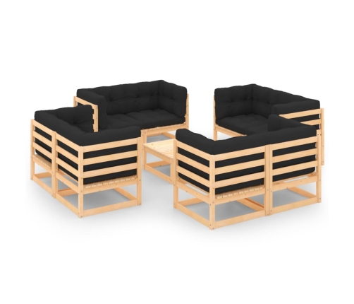 Juego de muebles de jardín 9 pzas y cojines madera maciza pino