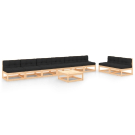 Juego de muebles de jardín 9 pzas y cojines madera maciza pino