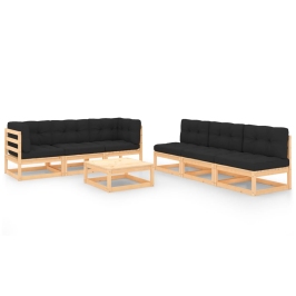 Juego de muebles de jardín 7 pzas y cojines madera maciza pino