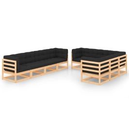 Juego de muebles de jardín 9 pzas y cojines madera maciza pino