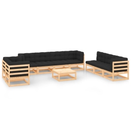 Juego de muebles de jardín 10 pzas y cojines madera maciza pino