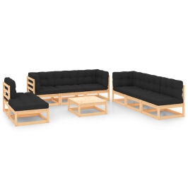 Juego de muebles de jardín 9 pzas y cojines madera maciza pino