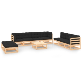 Juego de muebles de jardín 10 pzas y cojines madera maciza pino