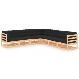 Juego de muebles de jardín 7 pzas y cojines madera maciza pino