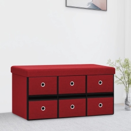 Banco almacenaje plegable lino sintético rojo tinto 76x38x38 cm