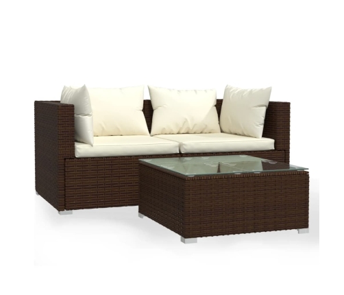 Set muebles de jardín 3 piezas y cojines ratán sintético marrón