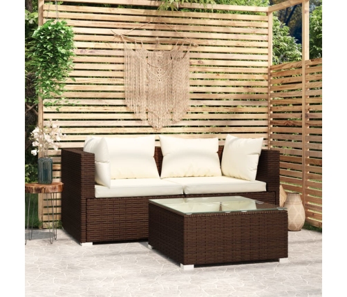 Set muebles de jardín 3 piezas y cojines ratán sintético marrón