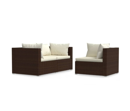 Set muebles de jardín 3 pzas y cojines ratán sintético marrón