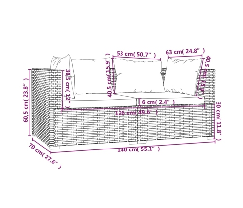 Set muebles de jardín 3 pzas y cojines ratán sintético marrón