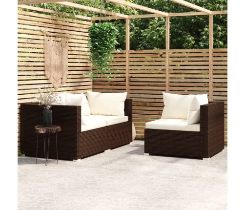 Set muebles de jardín 3 pzas y cojines ratán sintético marrón