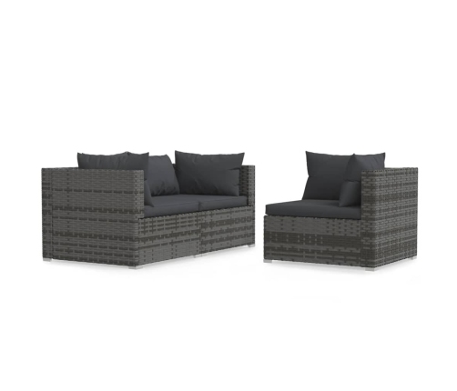 Set de muebles de jardín 3 pzas y cojines ratán sintético gris