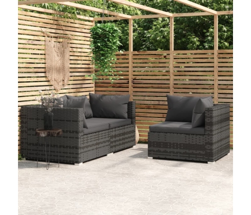 Set de muebles de jardín 3 pzas y cojines ratán sintético gris