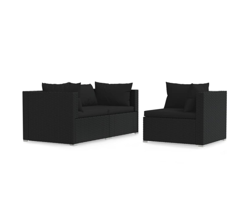 Set de muebles de jardín 3 pzas y cojines ratán sintético negro