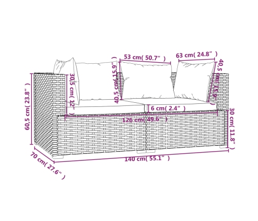 Set de muebles de jardín 3 pzas y cojines ratán sintético negro